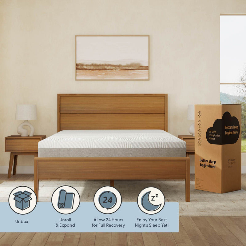 Queen size cooling comfort mattress in modern bedroom with wooden bed frame and bedside table, next to a mattress box with setup instructions.