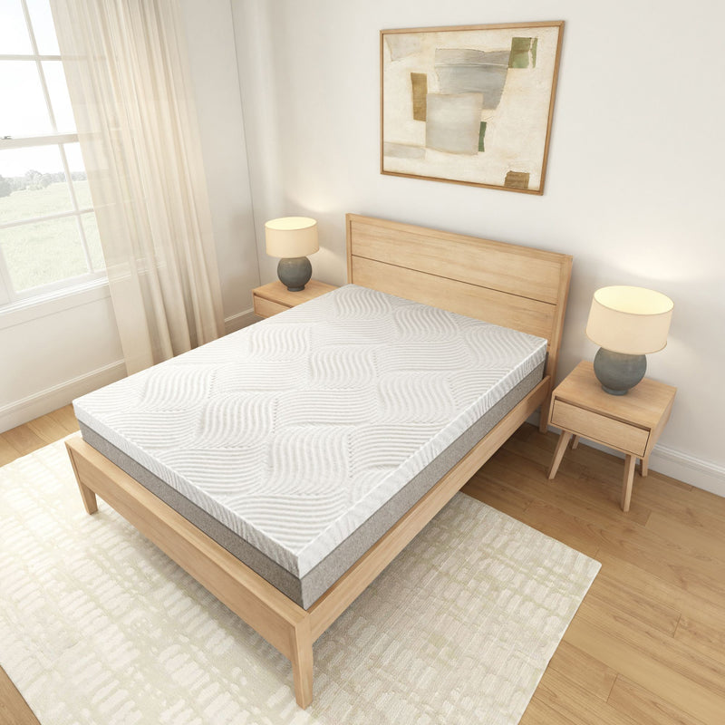 Modern bedroom with wooden bed frame and comfortable mattress surrounded by cozy decor and natural light.