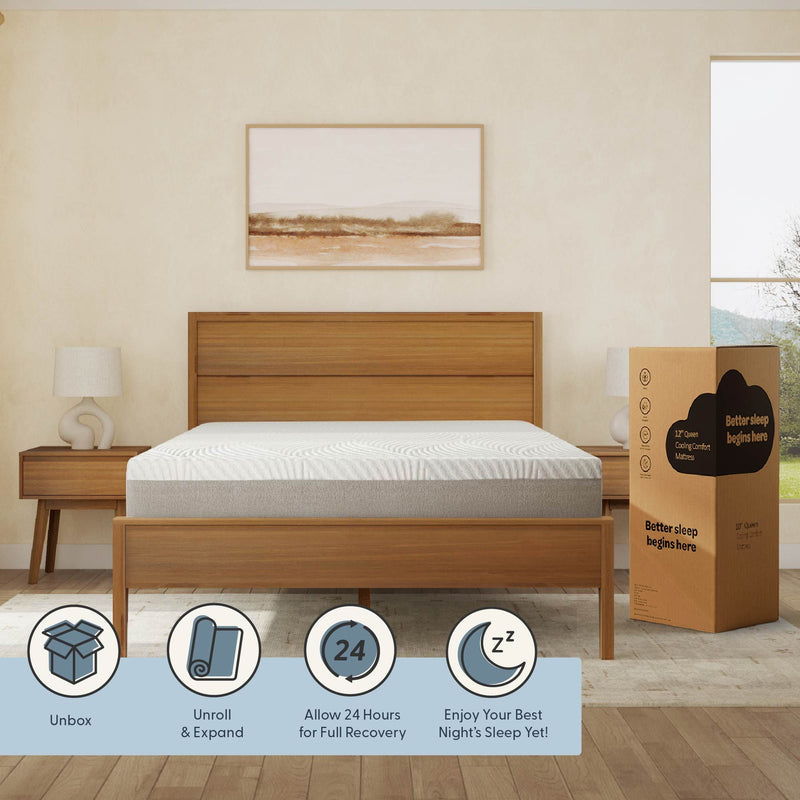 Queen size cooling comfort mattress in a modern bedroom with wooden furniture for optimal sleep experience.