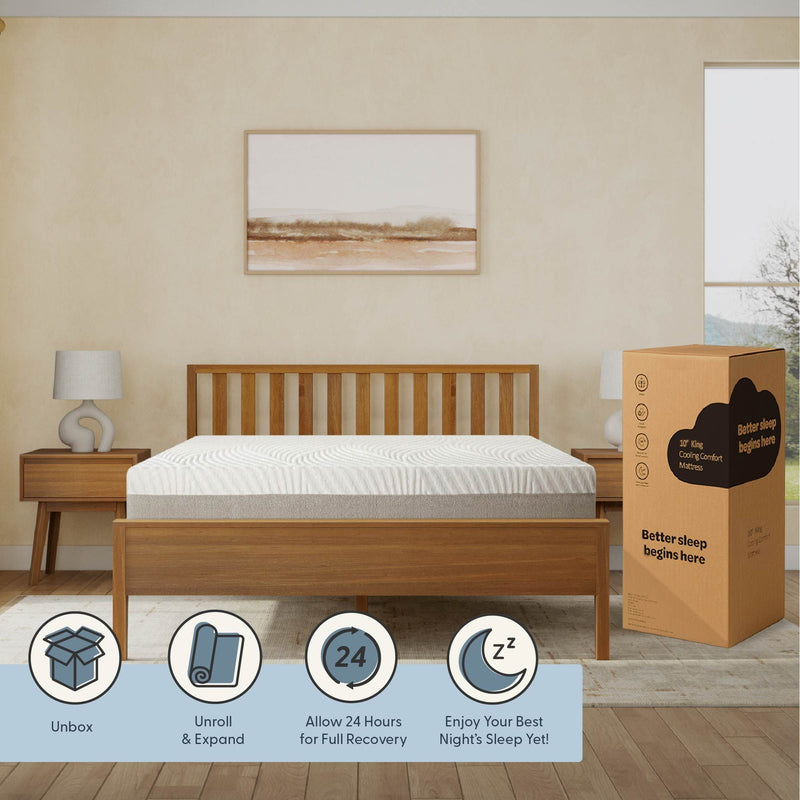 King size cooling comfort mattress in a modern bedroom setting with unboxing instructions.