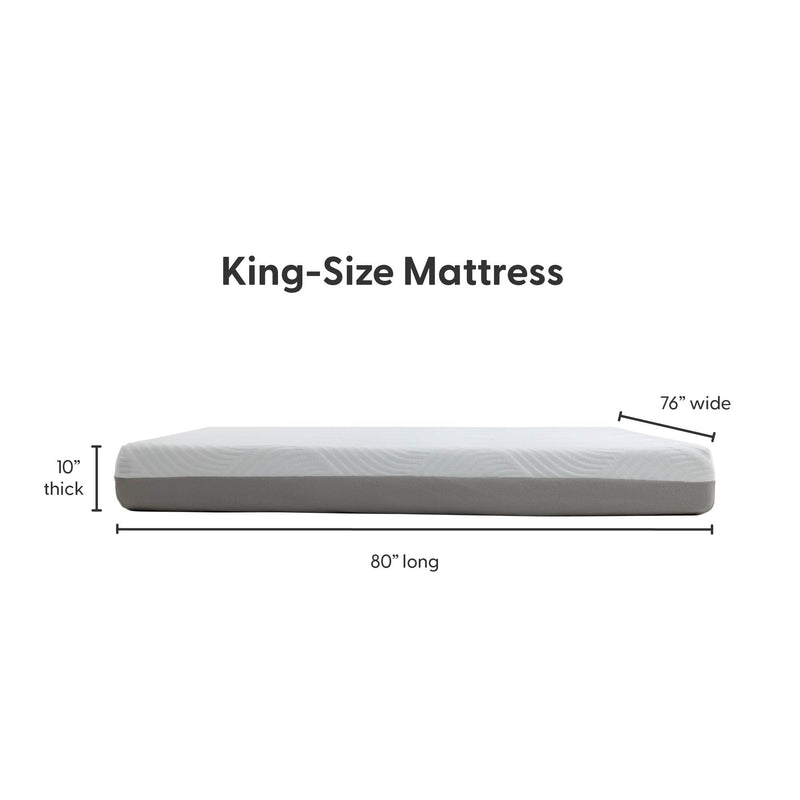 King-size mattress dimensions: 76 inches wide by 80 inches long, with a 10-inch thickness.