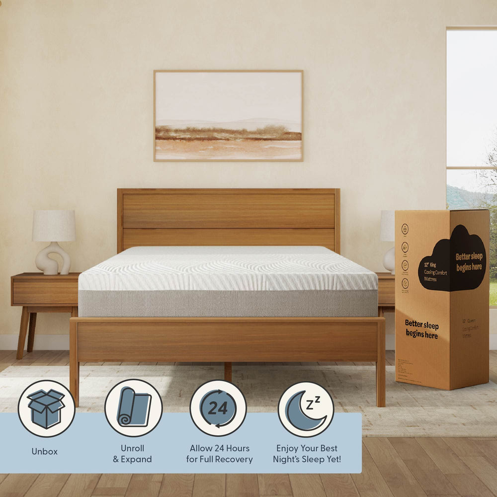 Comfortable memory foam mattress in modern bedroom setting with unboxing instructions, ideal for better sleep and home decor.