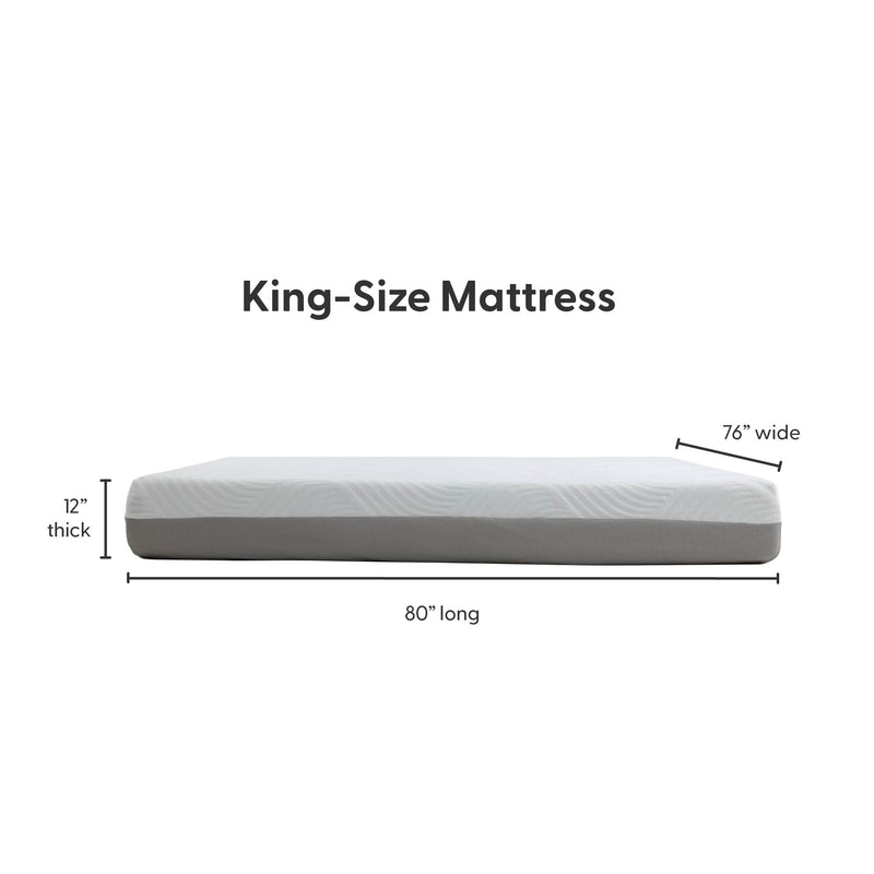 King-size mattress dimensions: 80 inches long, 76 inches wide, 12 inches thick.