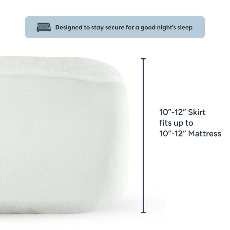 Mattress protector with 10-12 inch skirt, fits securely on mattresses for optimal sleep.