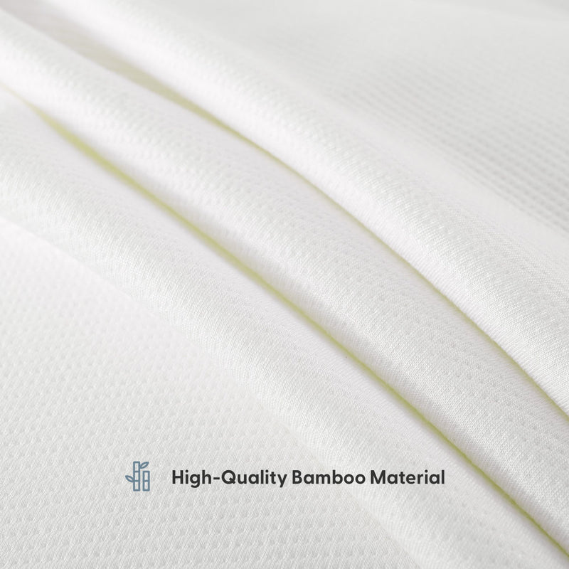 High-quality white bamboo fabric close-up with text overlay highlighting material quality.