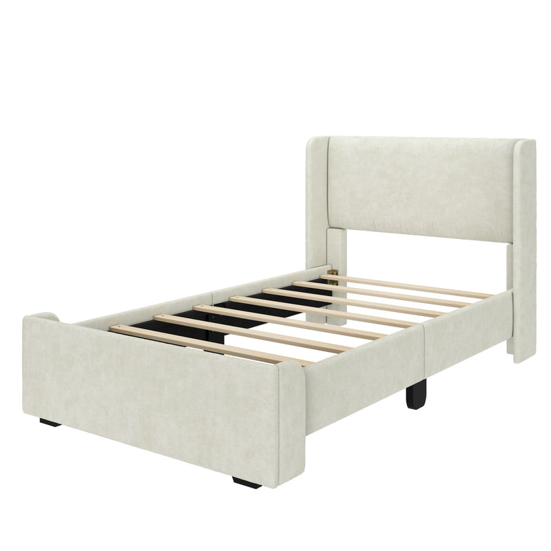 Cream upholstered bed frame with wooden slats and headboard, modern bedroom furniture design.