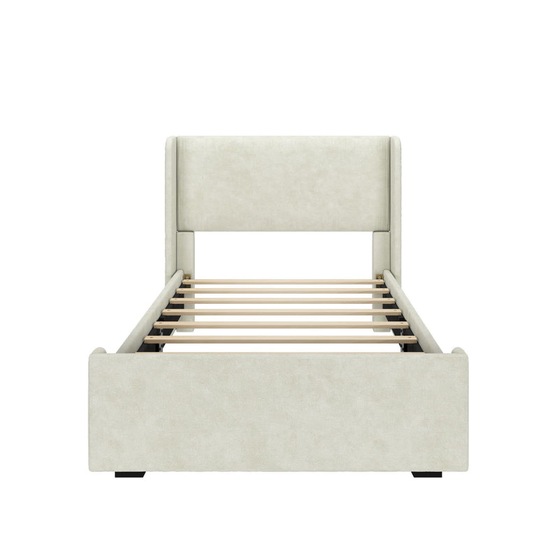 Cream upholstered bed frame with slatted base, modern bedroom furniture.