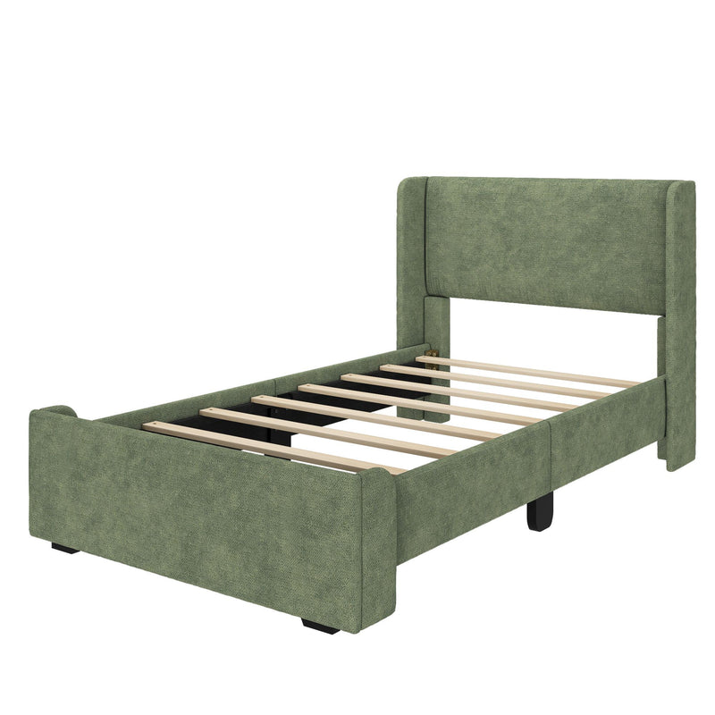 Modern green upholstered bed frame with wooden slats for a stylish bedroom setup.