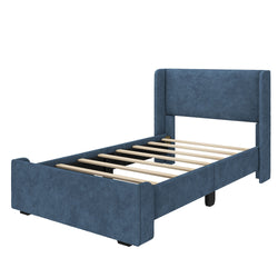 Blue upholstered bed frame with headboard and wooden slats, modern bedroom furniture design.