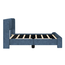 Blue upholstered platform bed frame with wooden slats, perfect for modern bedroom decor.