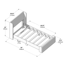 Diagram of a bed frame with dimensions: 78 inches length, 44.25 inches width, 39 inches height, ideal for bedroom furniture shopping.