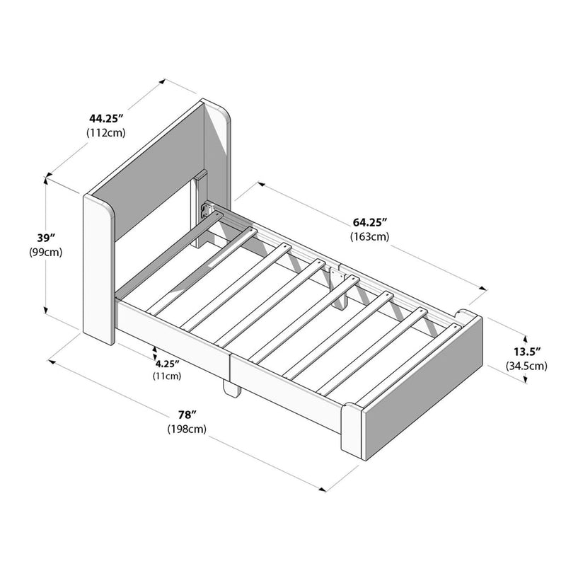 Diagram of a bed frame with dimensions: 78 inches length, 44.25 inches width, 39 inches height, ideal for bedroom furniture shopping.