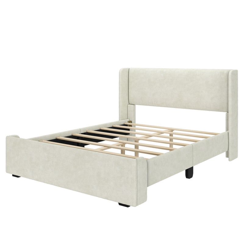 Cream upholstered platform bed frame with headboard, modern bedroom furniture.