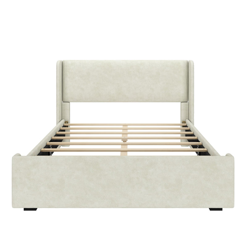 Modern upholstered bed frame with slatted base and minimalist design in a neutral color.