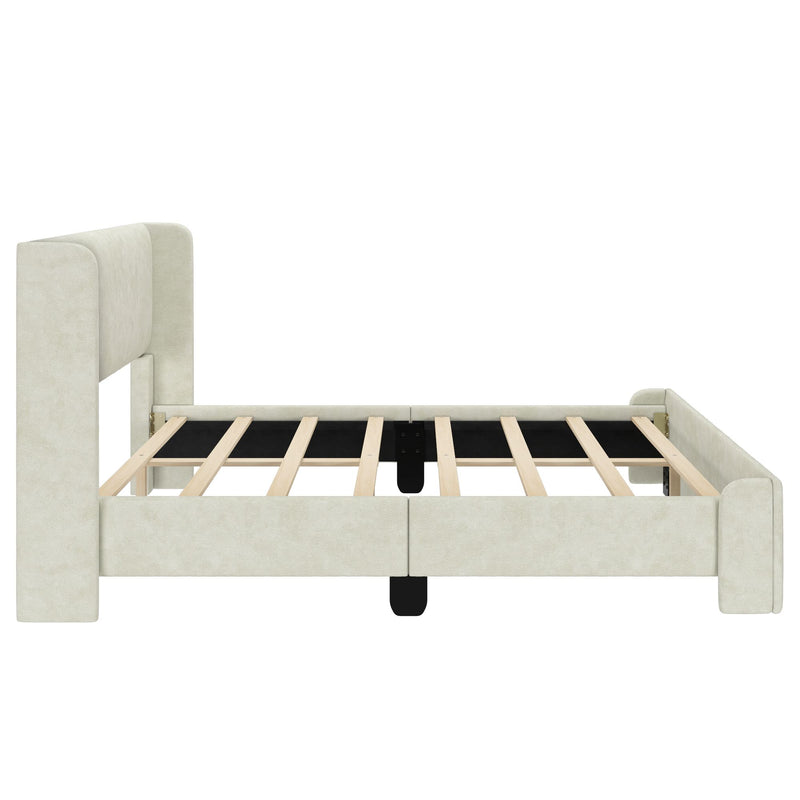 Modern beige upholstered bed frame with wooden slats and padded headboard.