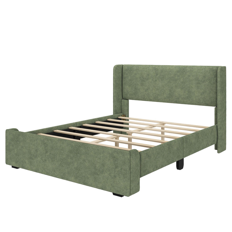 Green upholstered bed frame with wooden slats, modern design.