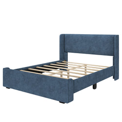 Blue upholstered wooden bed frame with slatted base, modern bedroom furniture.