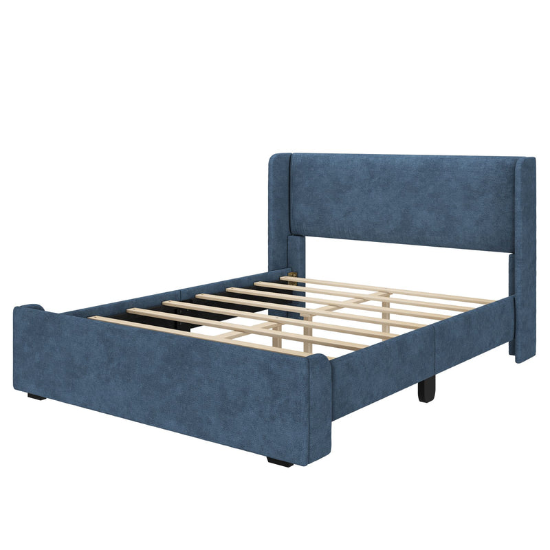 Blue upholstered wooden bed frame with slatted base, modern bedroom furniture.