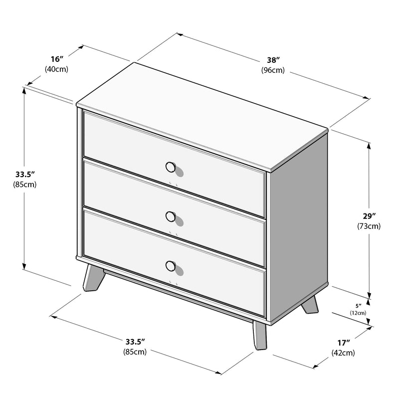 Three-drawer mid-century modern white wooden dresser with round knobs and tapered angled legs, technical line-drawing diagram showing measurements (approx. 38″ W x 16″ D x 33.5″ H / 96cm x 40cm x 85cm)