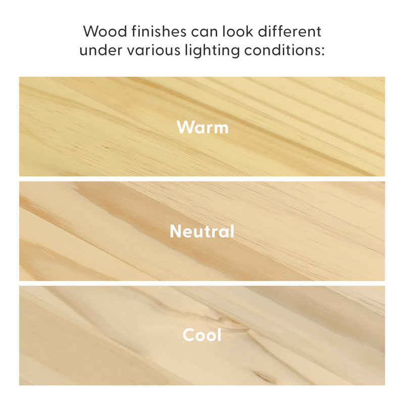 Comparison of wood finishes under different lighting: warm, neutral, and cool tones.