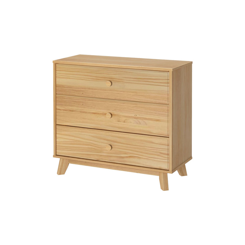 Wooden three-drawer dresser with mid-century modern design in light oak finish.