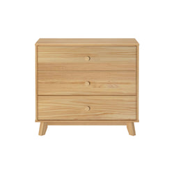 Mid-century modern natural pine three-drawer dresser with round wooden knobs — bedroom chest of drawers for storage