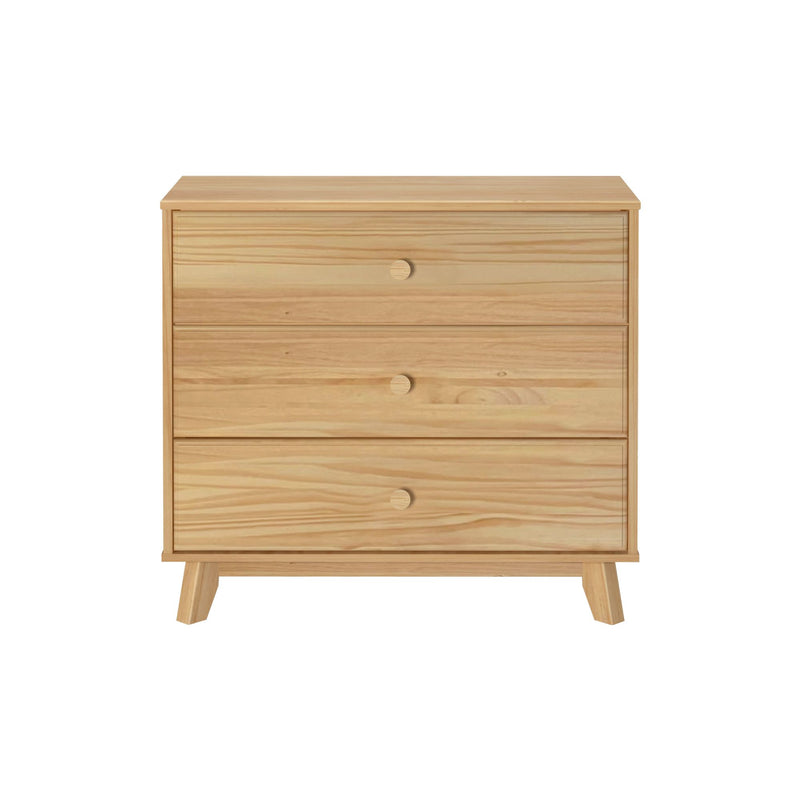 Mid-century modern natural pine three-drawer dresser with round wooden knobs — bedroom chest of drawers for storage
