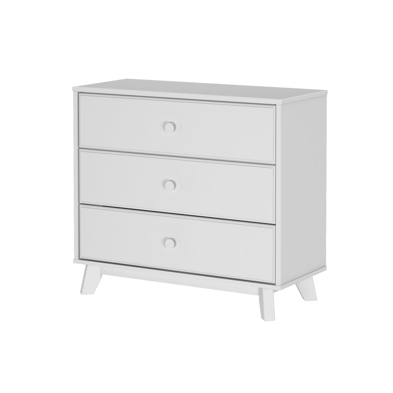 White three-drawer dresser with modern design and minimalist style.