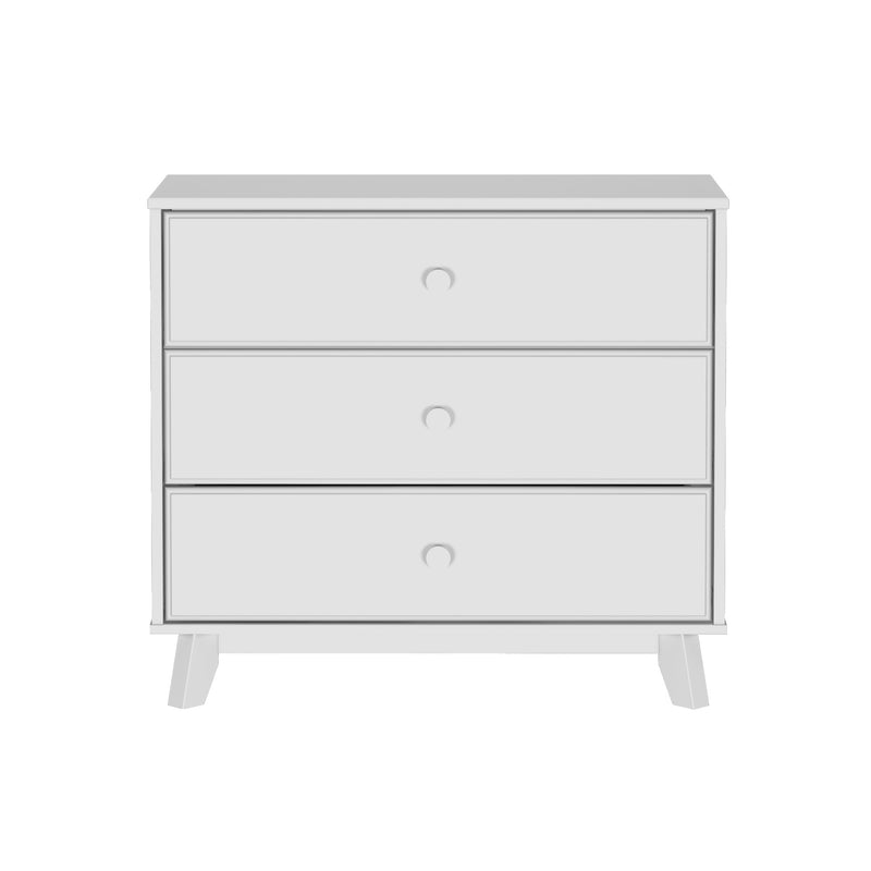 White wooden three-drawer dresser with modern design and round handles.