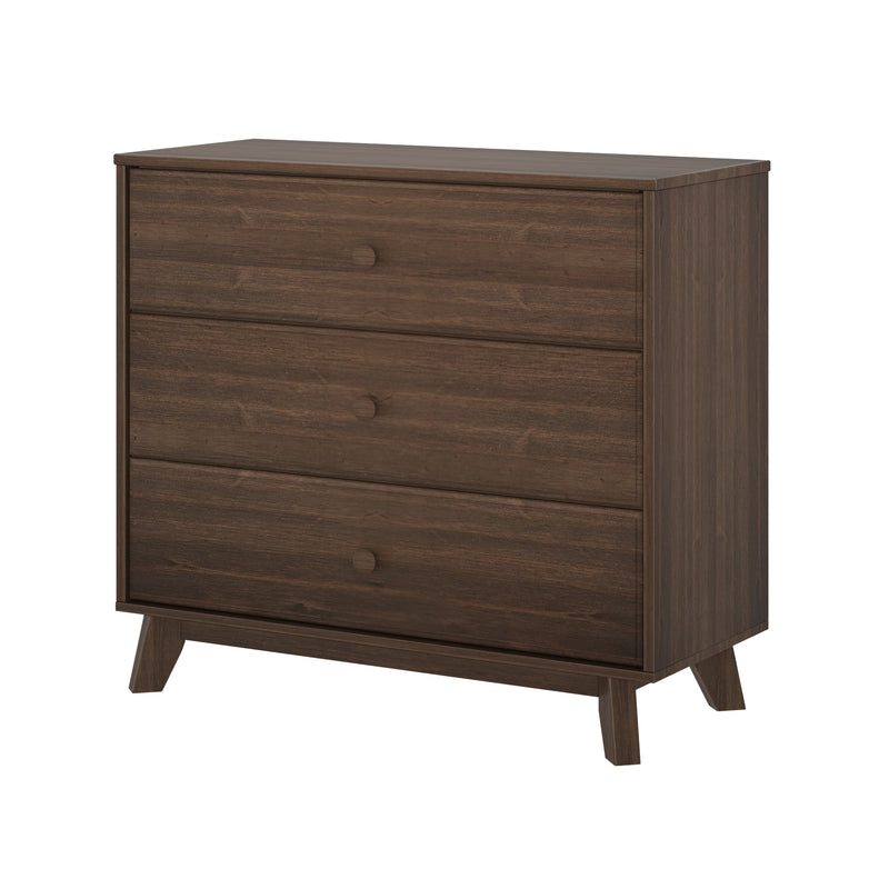 Mid-century modern style wooden dresser with three drawers and angled legs, ideal for bedroom storage.