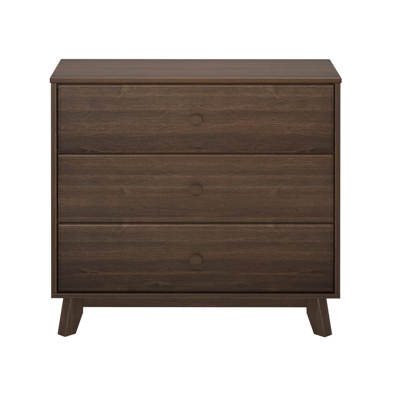 Dark brown wooden dresser with three drawers and angled legs.