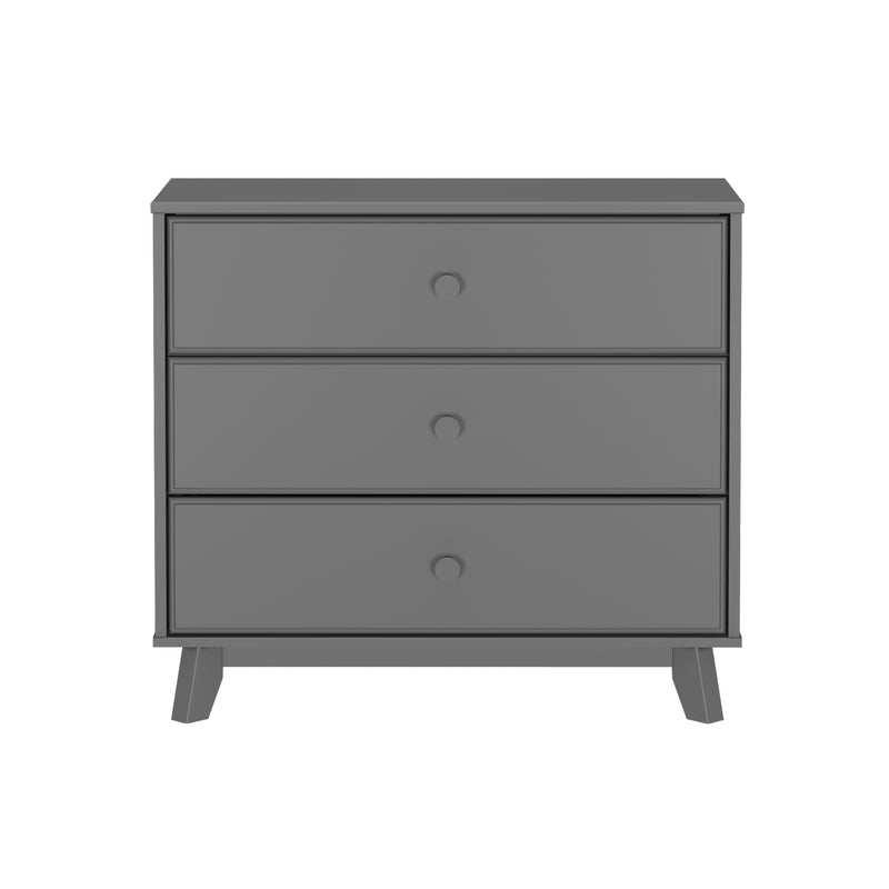Gray three-drawer wooden dresser with simple design.