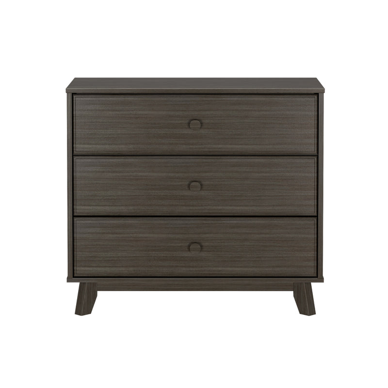 Dark wooden three-drawer dresser with minimalist design and sleek finish.