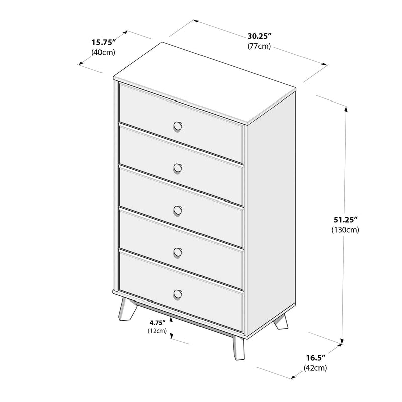 Six-drawer tall dresser with angled legs — product diagram showing dimensions 30.25″ W x 16.5″ D x 51.25″ H (77 x 42 x 130 cm) for bedroom storage