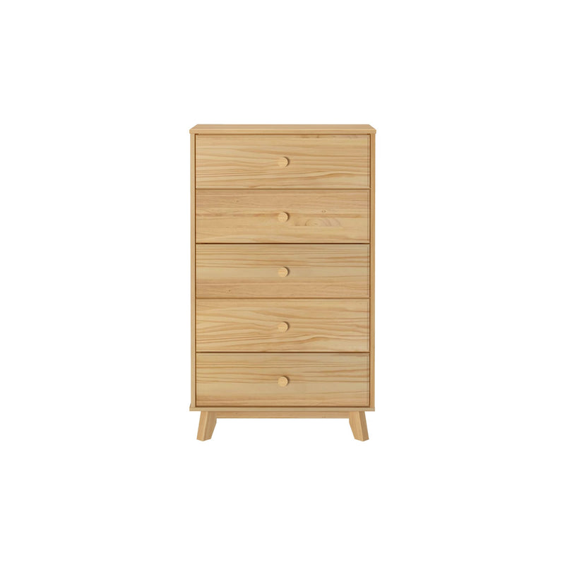Natural wood five-drawer dresser with modern design for bedroom storage solutions.