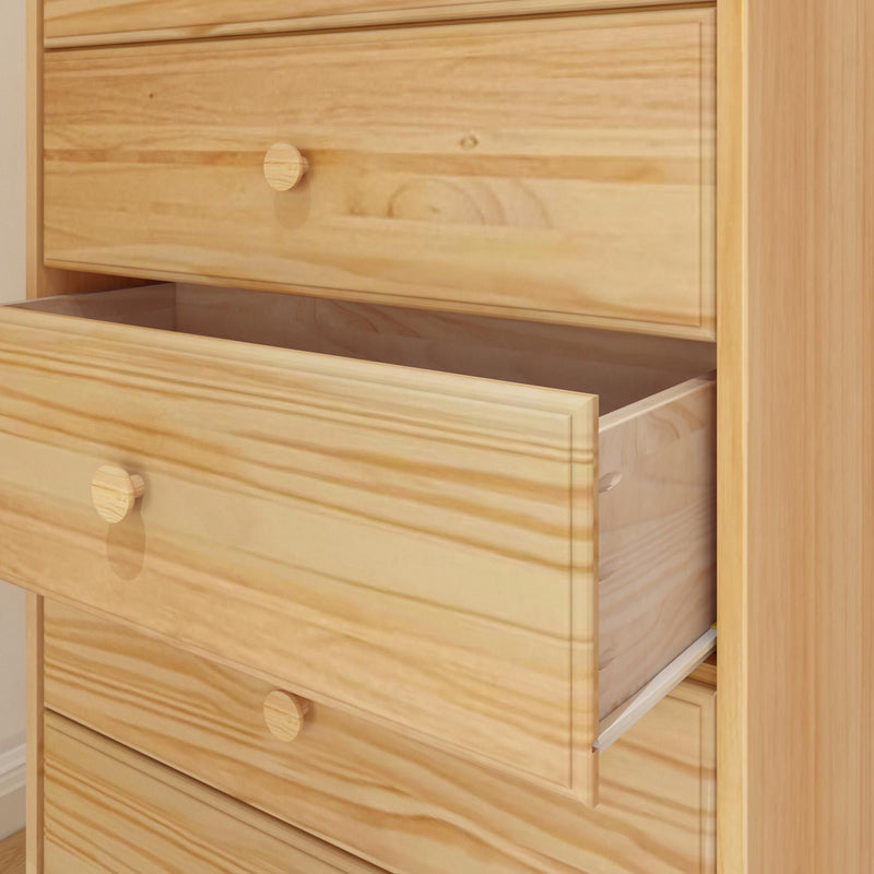 Natural wood dresser with open drawer showing ample storage space.