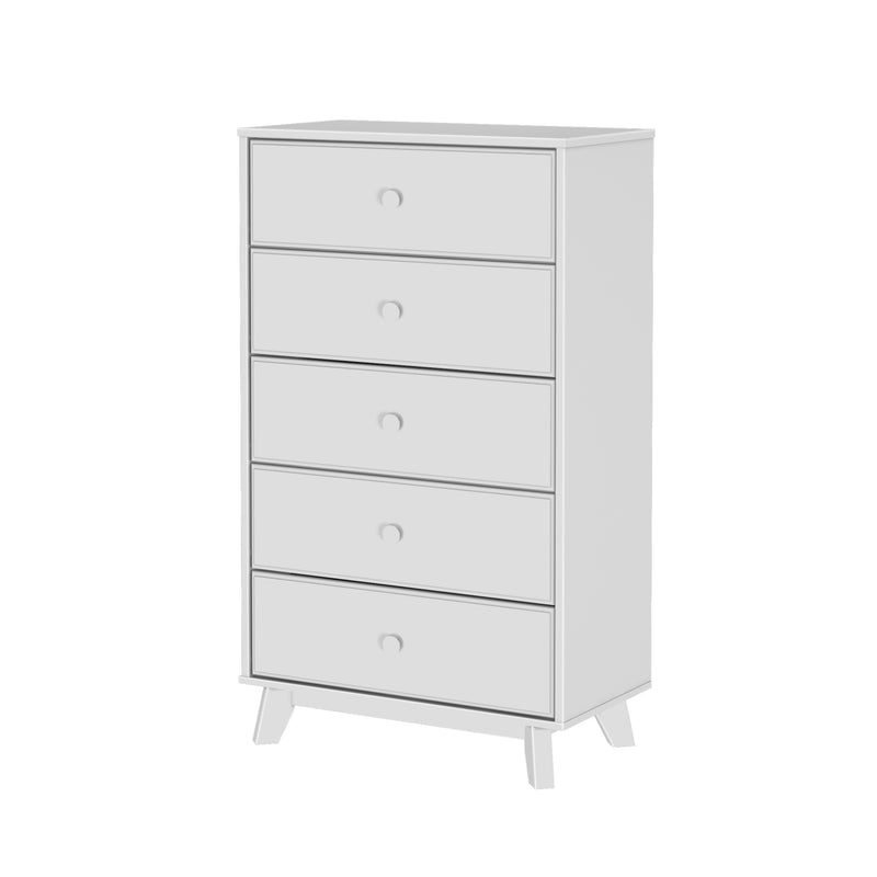Modern minimalist white five-drawer dresser with angled legs.