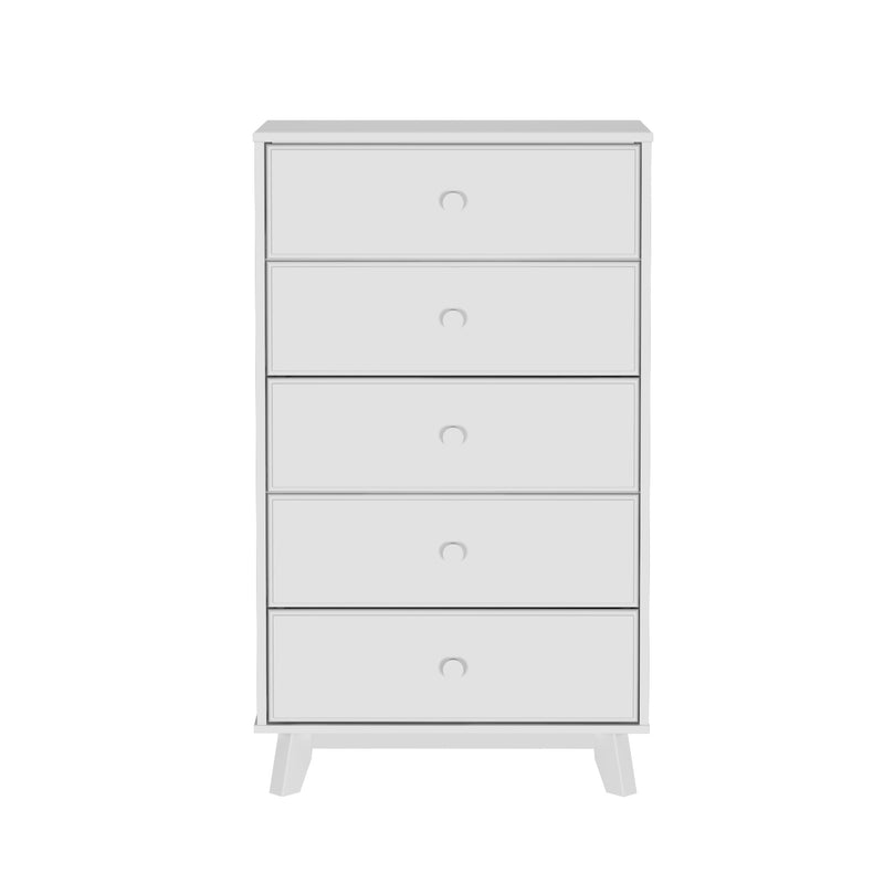 White wood dresser with five drawers for bedroom storage solutions