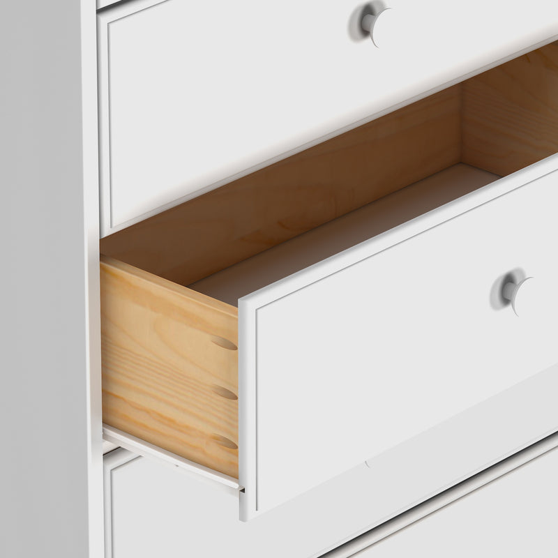 White wooden dresser with open drawer showing interior design and storage space.