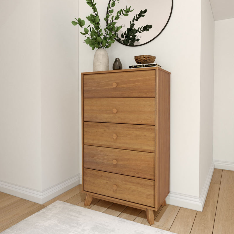 Wooden dresser with four drawers and a mirror in a modern bedroom setting.
