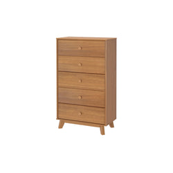 Mid-century modern five-drawer wooden dresser with angled legs for bedroom storage.