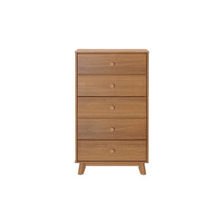 Mid-century modern wooden dresser with five drawers for stylish bedroom storage.