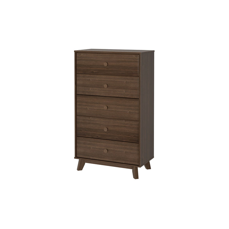 Tall wooden chest of drawers with five storage compartments and a sleek modern design.