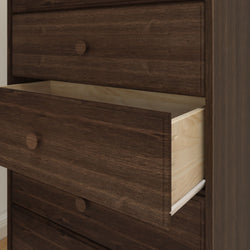 Wooden dresser with open drawer showcasing natural finish and spacious storage.