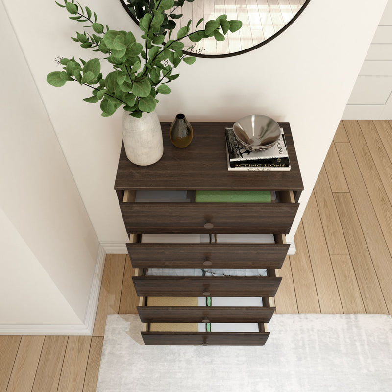 Dark wood dresser with open drawers, decorated with plants and modern accessories, in a stylish bedroom setting.