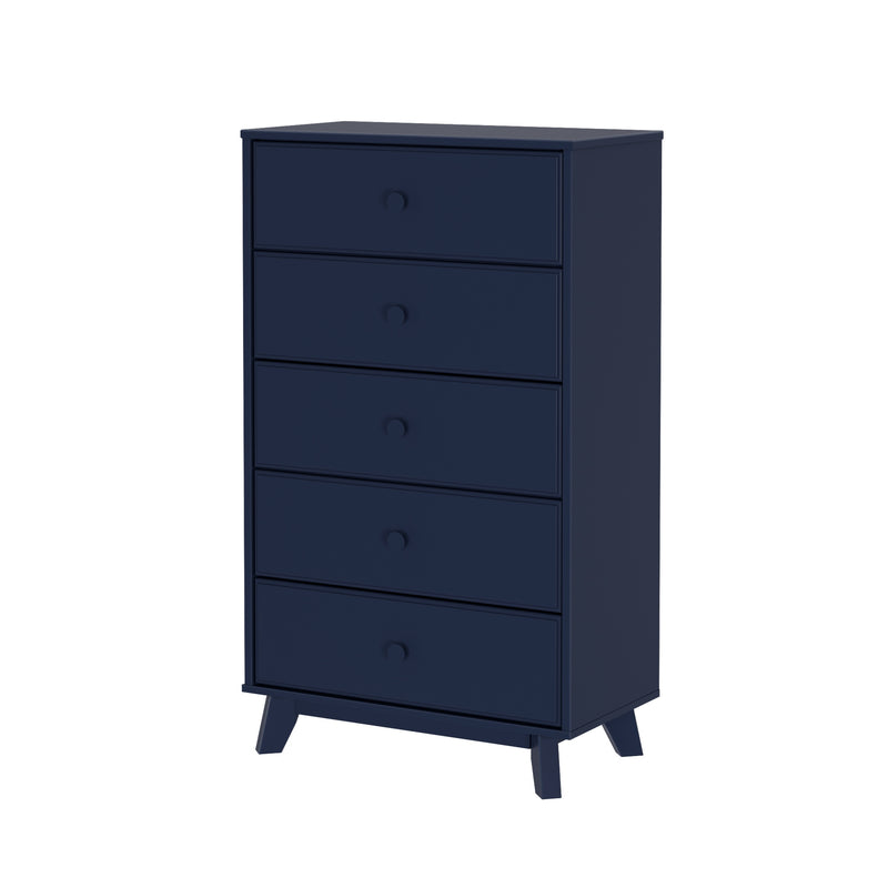 Tall navy blue five-drawer dresser with modern design and storage drawers.