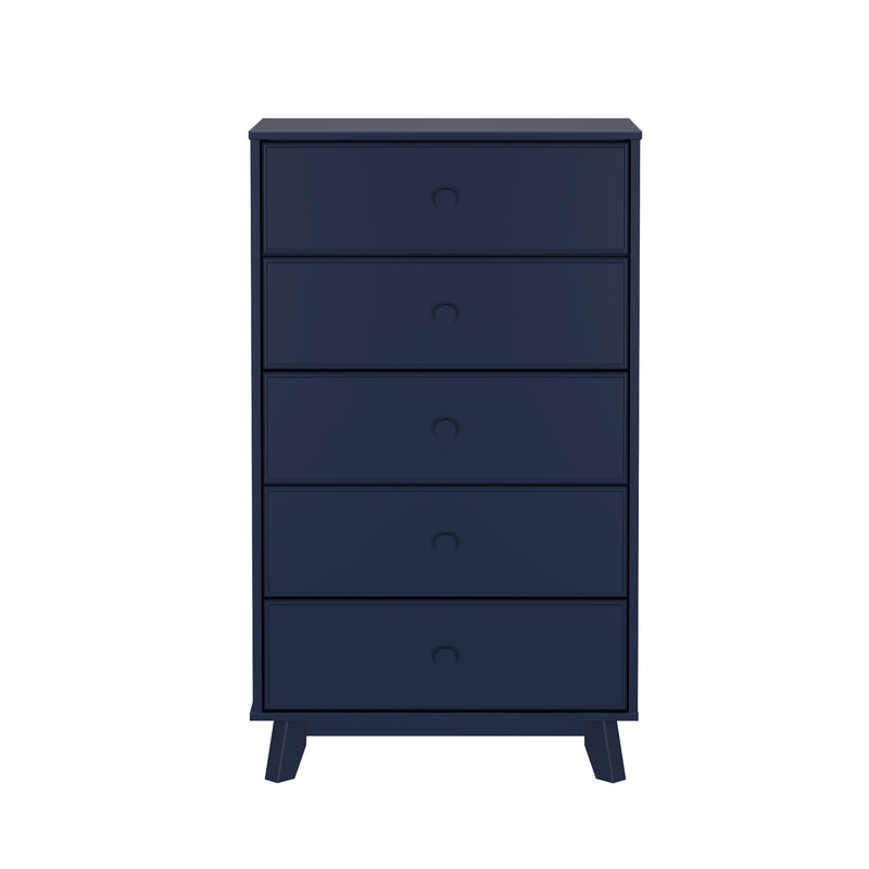 Navy blue five-drawer chest dresser for modern bedroom storage.