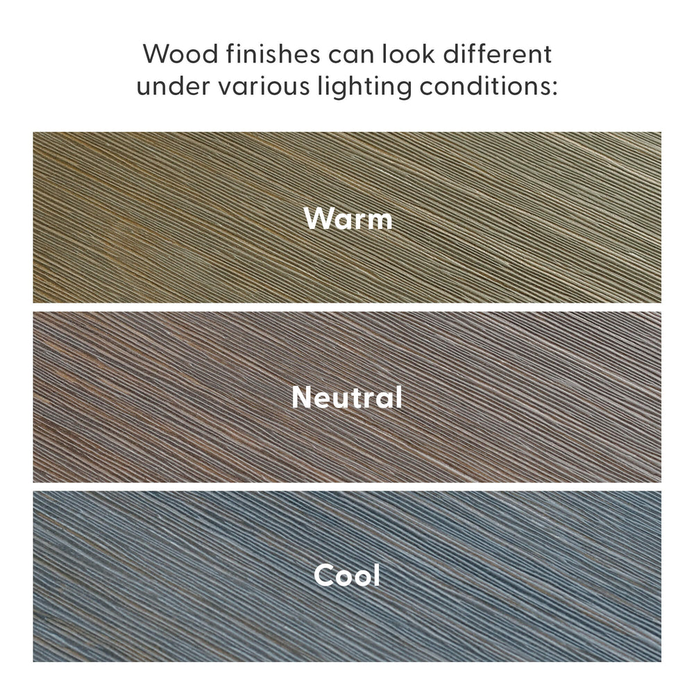 Wood finishes under warm, neutral, and cool lighting conditions.