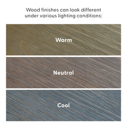 Wood finishes under warm, neutral, and cool lighting conditions.