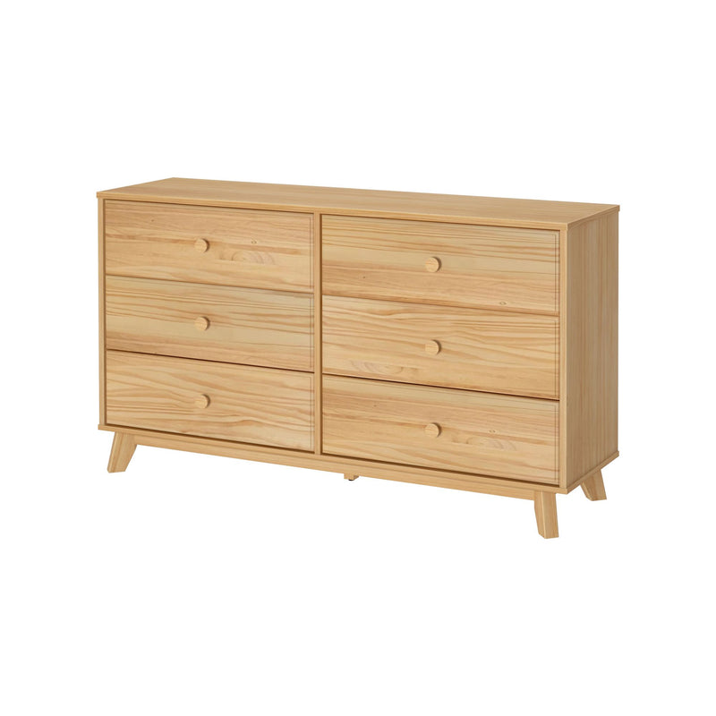 Natural wood six-drawer dresser with minimalist design for modern bedroom storage.
